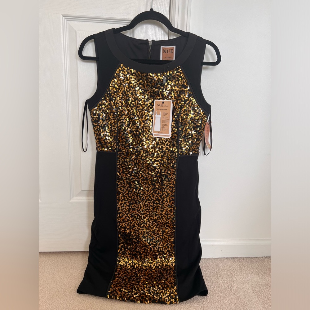 Nue by Shani black and gold sequence dress